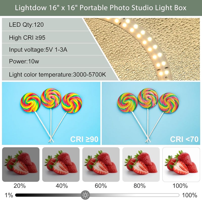 Lightdow 16"x16"x12" Photo Studio Light Box Photography with 120 LEDs (CRI>95), 6 Backdrops - Portable/Dimmable/Versatile Folding Shooting Tents for Toys/Jewelry/Watches/Cosmetics Photography - Image 4